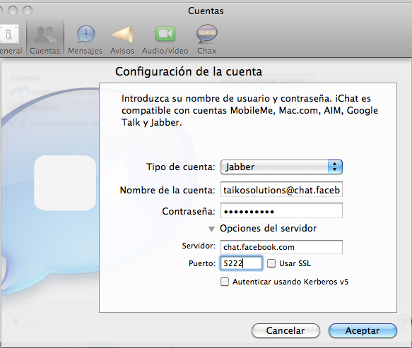 configuracion cuenta facebook chat en iChat